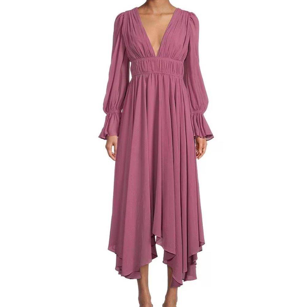 NWT Gianni Bini Plunging V-Neck Long Smocked Cuffed Sleeve Chiffon